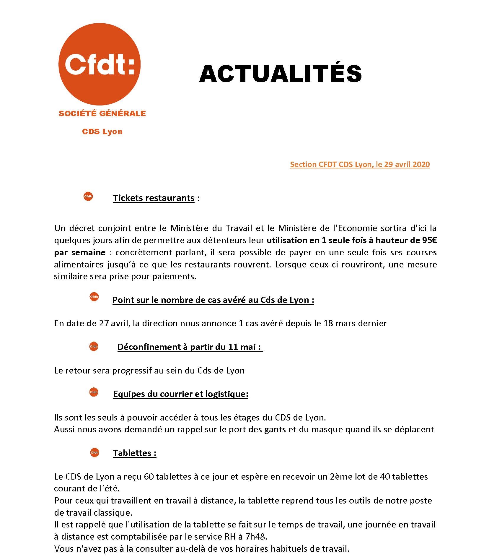 CFDT-SG ACTUALITES AU CDS DE LYON