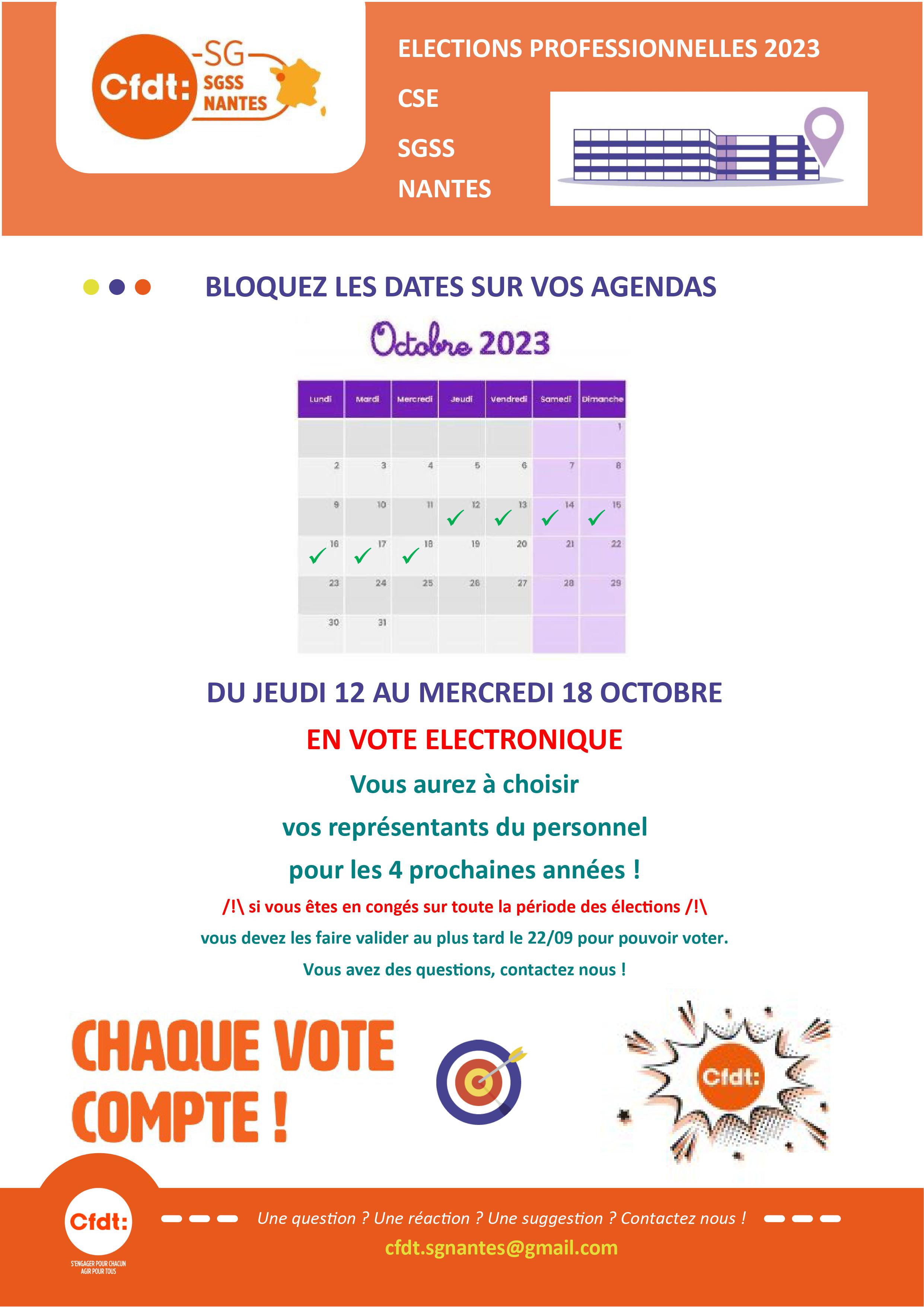 Annonce des dates d'élection du CSE à SGSS Nantes du 12 au 18 octobre 2023